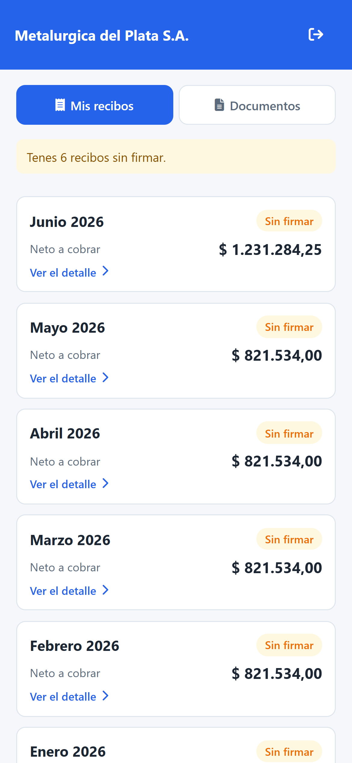 Portal de empleados de Jornaly en un celular, con los recibos de sueldo del año